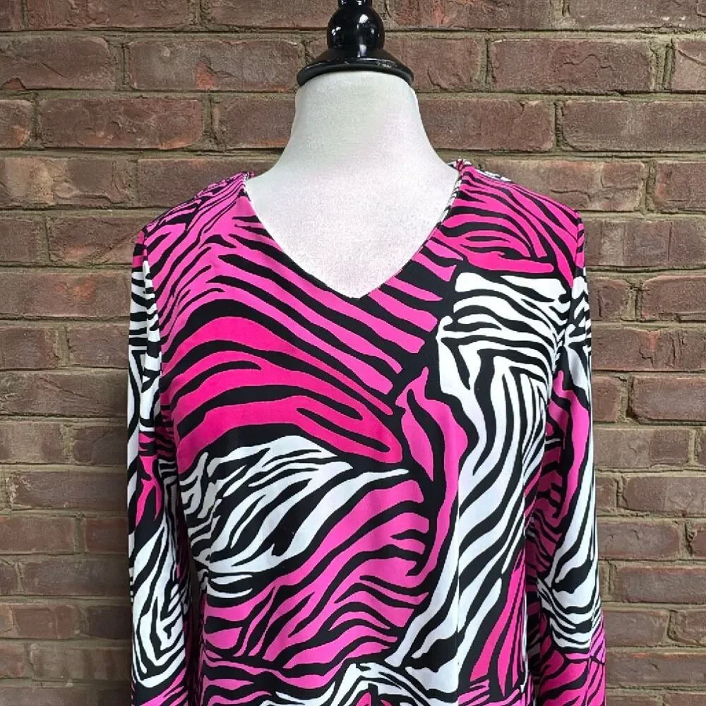 Jude Connally Pink White Black Lexi Zebra Print Nylon Shift Dress Size L
